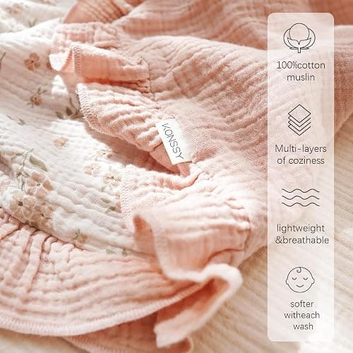 Konssy Flounce Muslin Baby Blankets, Cotton Crib Blanket for Baby Infant Toddler, Super Soft and Lightweight Nursery Blankets 40"x36" (Blossom) thumbnail 4