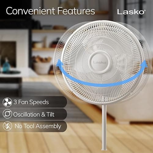Lasko Oscillating Pedestal Fan - Adjustable to 47" - 2520 - White | Cooling Standing Fan for Bedroom, Living Room, and Home Office, 16" Blade Diameter, 3 Quiet Speeds thumbnail 3