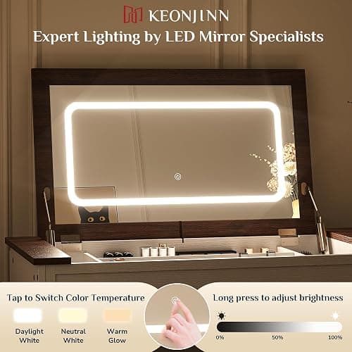 Keonjinn White Flip Top Vanity Desk with Mirror and Lights, 3 Drawers, Dimmable 3 LED Lighting Modes, Charging Station & Hairdryer Rack, 46" W Modern Farmhouse Makeup Dressing Table, NO Chair Included thumbnail 5