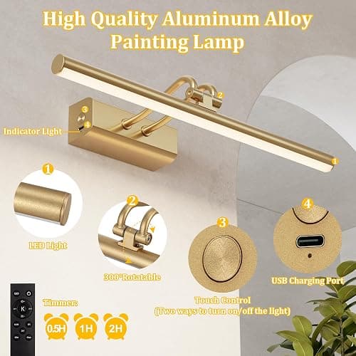 Percantis 13.8'' Battery Operated Picture Light for Wall, Remote Control | 4000mAh Cordless,Gold Wall Light, Magnetic for Easy to Charge,Timers, Display for Gallery Living Room Bedroom thumbnail 7