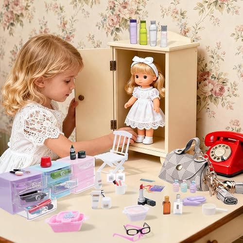 BeadRiver 77 Pcs Miniature Dollhouse Accessories, Dollhouse Bathroom Accessories Set with Storage Cases Cosmetic Set Towel Shampoo Perfume Hair Dryer Comb Mask Soap Toiletries Set for Girl Micro Scene thumbnail 7