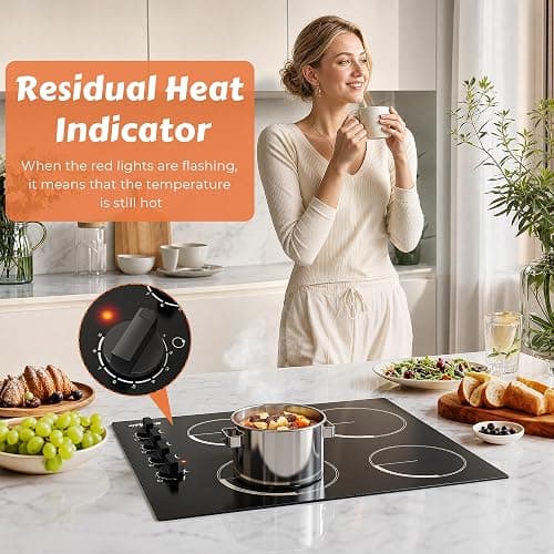 Cooksir Electric Cooktop 24 Inch - 4 Burner Built-in Electric Stove Top 6000W, Radiant Electrical Stovetop with 9 Heating Level, Knob Control, Auto Shut Off Protection, 220-240V Hard Wired (No Plug) thumbnail 7