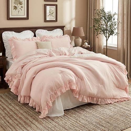 CAROMIO Pink Ruffled Comforter Set Queen Size, 3PCS Soft Washed Microfiber Lightweight & Fluffy All-Season Bedding Comforter with Vintage French Country Style, Pink, 90x90 in - Image 1