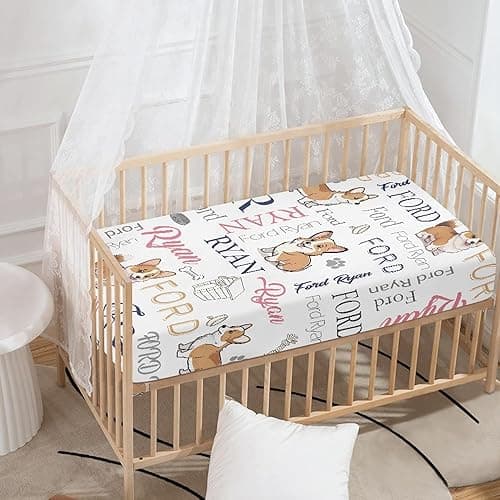 Custom Dog Baby Crib Sheet Personalized Fitted Crib Sheets with Name Mini Pack and Play Sheets Crib Mattress Sheets Perfect for Newborn Baby Boys Girls Nursery Decor