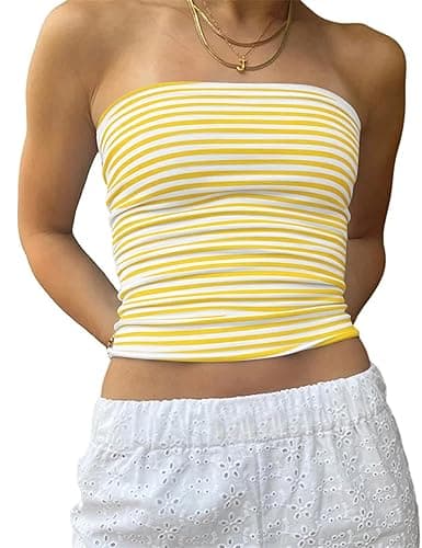 Cioatin Women Strapless Striped Bandeau Tube Tops Y2K Aesthetic Sleeveless Backless Crop Tank Going Out Summer Girls - Medium - Yellow White