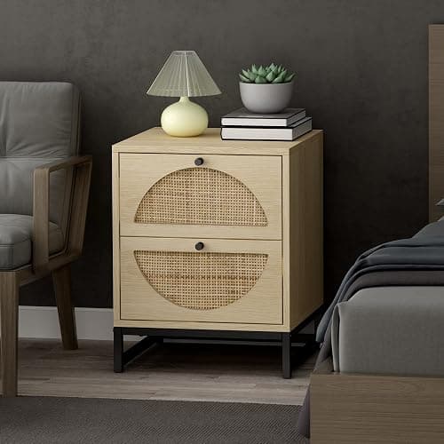 AWQM Rattan Nightstand Set of 2,Farmhouse End Table Set of 2,Wood Sofa Side Table,Accent Table with Storage, Bedside Table Accent Storage Cabinet for Bedroom Living Room,Metal Legs,Beige (W68837255) thumbnail 8