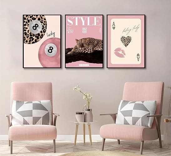 Set of 3 Trendy Pink Leopard Canvas Wall Art Funky Lucky 8 Ball Posters Prints Preppy Room Aesthetic Cheetah Wall Decor Pictures for Girls Bedroom Apartment Dorm Decoration Unframed thumbnail 7