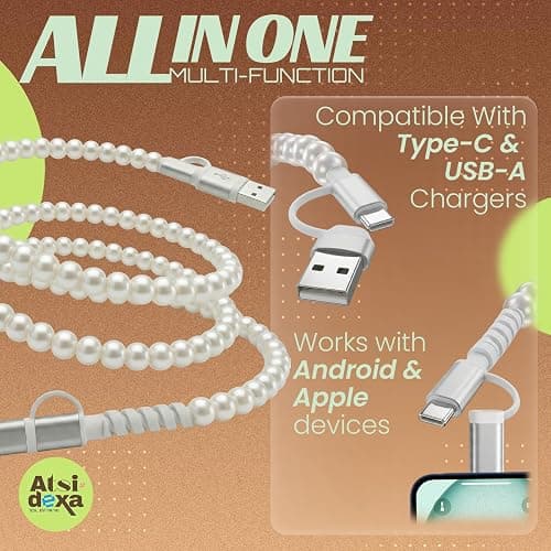 Atsidexa 4-in-1 Beaded Charging Cable, MFi Certified, Works with CarPlay, 3.3FT 60W Fast Charger Cord for iPhone 17/16/15/14/13/12/11, iPad, Samsung, Android and More (Pure Pearl) thumbnail 7