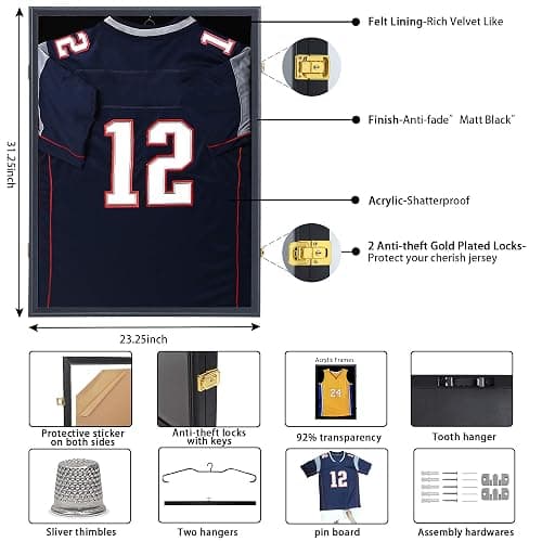 IHEIPYE Jersey Display Frame Case Lockable, Large Sport Jersey Shadow Box with 98% UV Protection Acrylic and Hanger for Baseball Basketball Football Soccer Hockey Shirt and Uniform,Black thumbnail 3