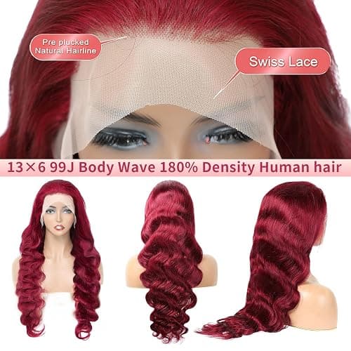 30 Inch Burgundy Wig Human Hair 13x6 99j Body Wave Lace Front Wigs Human Hair Pre Plucked Red Wig for Women 180 Density,100% Real Human Hair No Synthetic Blend No Tangle No Shedding Triple Lifespan 3X thumbnail 5