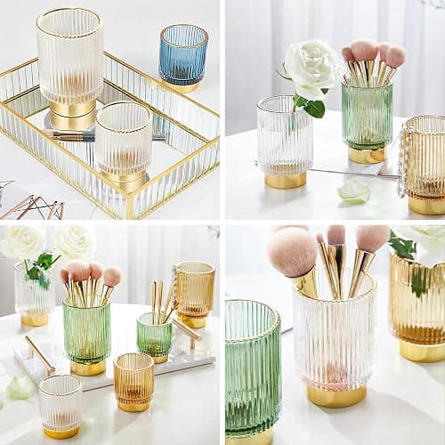 dasiton makeup brush holder organizer,crystal cosmetic makeup brush glass brushes storage holder, vintage make up brush cup pen pencil holder striped vase(clear s+l) thumbnail 5