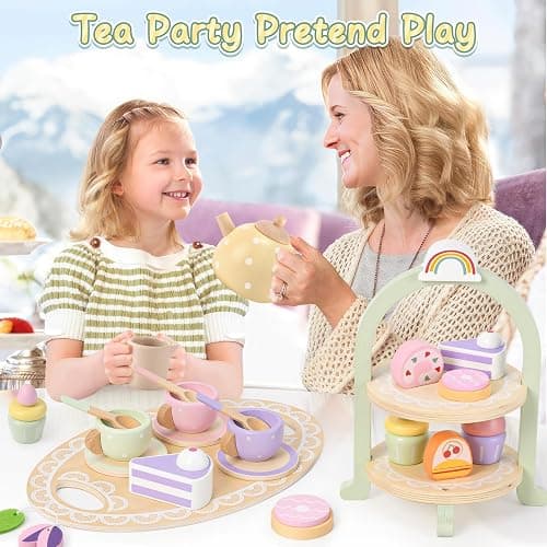 Lonico Wooden Tea Party Set for Little Girls Toddler Tea Set with Cupcake Stand & Food Dessert, Play Kitchen Accessories for Toddlers 2 3 4 5 6 Years Old, Wooden Toys Birthday Kids Girls Gifts 3-6 thumbnail 6