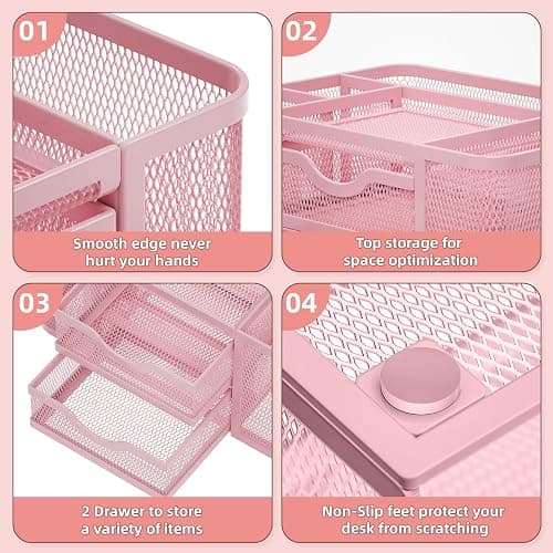 Marbrasse Mesh Desk Organizer, Pen Organizer with 2 Drawer, Multi-Functional Pencil Holder, Desk Organizers and Accessories with 5 Compartments + Drawer for Office Art Supplies (Pink) thumbnail 5