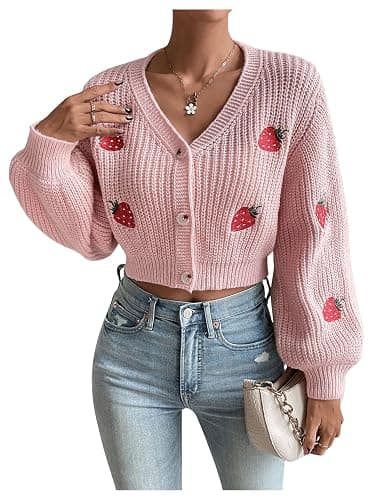 WDIRARA Women's Strawberry Embroidery Crop Cardigan Drop Shoulder Button Up Sweater Tops V Neck Outerwear thumbnail 4