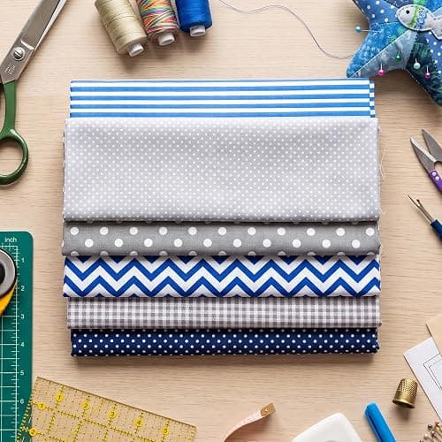 100% Cotton Printed Cloth, Fat Quarters Fabric Bundles, Blue & Grey Stripe, Polka Dot, Wave, Gingham Patterns, 6 Pcs Quilting Patchwork Fabric, 18"x22", for Sewing DIY Crafts thumbnail 7
