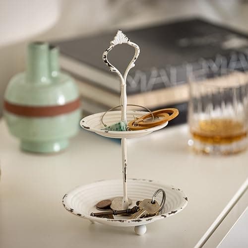 Stonebriar Small 2 Tier Worn White Metal Tray, Rustic Farmhouse Decor, Tiered Jewelry Tray for Vanity or Bathroom, 9.25" thumbnail 8