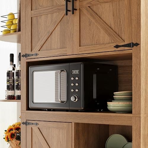 IRONCK 70" Farmhouse Kitchen Pantry, Storage Cabinet with Power Outlets, 4 Side Shelves, Buffet Sideboard with Microwave Stand, Coffee Bar with 2 Drawers, Cupboard for Dining Room (Dark Walnut) thumbnail 9