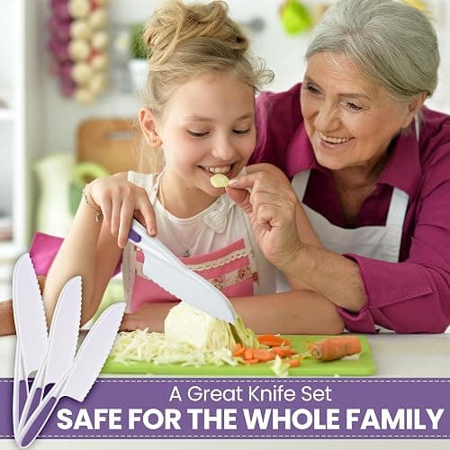 Zulay 3-Piece Kids Knife Set for Real Cooking & Baking - Toddler Knives for Cutting Fruits, Veggies, & Cake - Children’s Montessori Knife with Serrated Edges - Safe & Fun Lettuce Knife (Purple) thumbnail 7