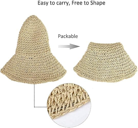 Women Straw Hat Wide Brim Beach Sun Cap Foldable Large Lady Floppy 100% Natural Paper Braided for Travel Decoration Summer Vacation Soft Lightweight and Breathable (Beige) thumbnail 3