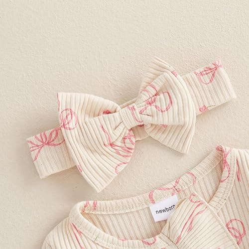 Socutebabe Newborn Baby Girl Coming Home Outfit Ruffle Romper Onesie Cute Ribbed Knit Jumpsuit Winter Clothes and Headband thumbnail 4