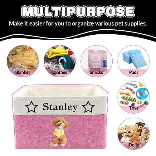 Personalized Dog Toy Storage Basket Custom Dog Name Photo Cat Pet's Gift Baskets Collapsible Organizer Box Foldable Storage Basket with Handle for Toys, Coats, Clothing, Blankets, Brown thumbnail 7