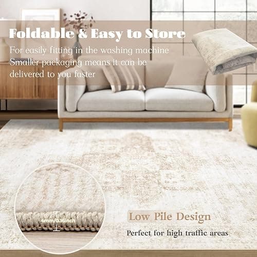 Area Rug 8x10 Washable Rug, Vintage Boho Medallion Rugs Non-Slip Soft Low Pile Large Distressed Rug Indoor Retro Carpet for Living Room Bedroom Dining Room Home Office (Beige, 8'x10') thumbnail 7