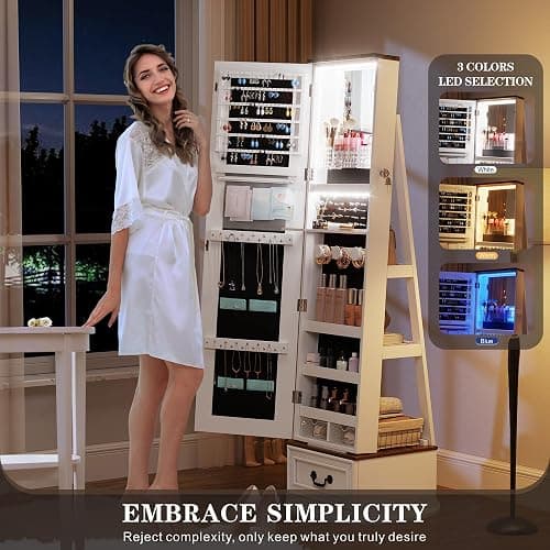 360°Swivel jewelry organizer with Full Length Mirror with Lights,Jewelry Armoire Cabinet Standing with Drawers,Large Mirror Storage for Jewelry and Makeup,Best Gift for Mom,Wife & Girls（White） thumbnail 5