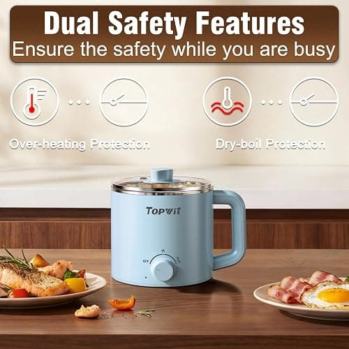 Topwit Hot Pot Electric, Electric Pot, 1.6L Ramen Cooker, Multifunctional Cooker for Pasta, Shabu-Shabu, Oatmeal, Soup and Egg with Over-Heating Protection, Boil Dry Protection, Blue thumbnail 6