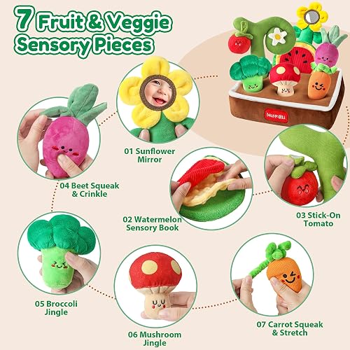 MORECOLL Fruit & Veggie Baby Sensory Plush Set, Baby Toys 6-12 Months, Garden Plush Toys with Rattle, Crinkle, Squeak, Mirror, Pull, Match & Plant Play, Montessori Baby Gift for Boys Girl Infant thumbnail 5