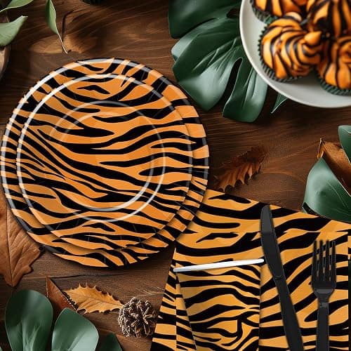 Xenorik Tiger Print Birthday Party Supplies Decorations Tableware Serves 24 | Safari Jungle Texture Theme Tiger Animal Print Party Decorations, Disposable Paper Plate, Cup, Napkin, Cutlery, Tablecloth thumbnail 2