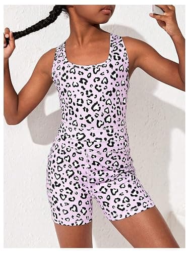 WDIRARA Girl's 2 Piece Outfits Leopard Cut Out Back Tank High Waisted Gym Shorts Athletic Workout Outfits thumbnail 2
