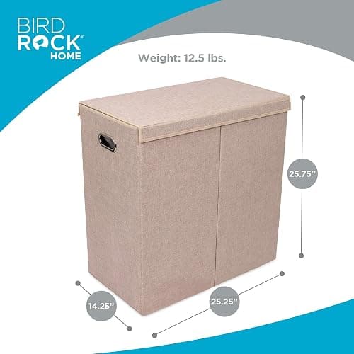 BirdRock Home Double Laundry Hamper with Lid and Removable Liners | Linen | Easily Transport Laundry | Foldable Hamper | Cut Out Handles thumbnail 2