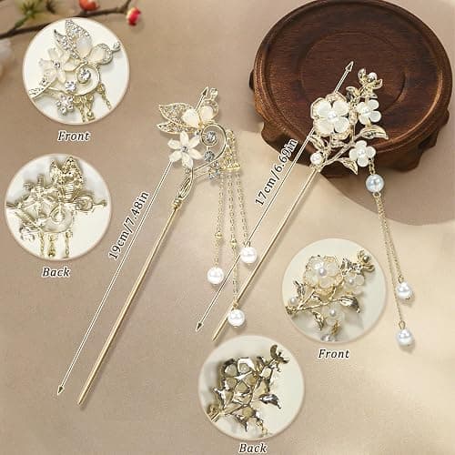 2Packs Lily of the Valley Chinese Hair Sticks for Buns, Pearl Flower Vintage Metal Hair Chopsticks for Women and Girls Dangle Tassel Pendant Hair Accessories Hanfu Handmade Decor Hairpin (beige) thumbnail 3