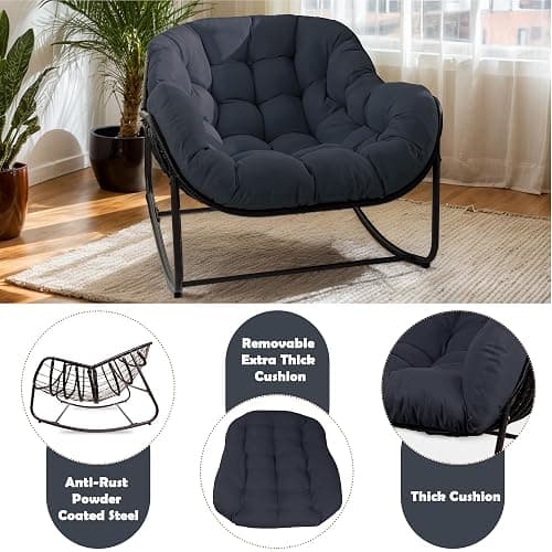 TIMWNER Papasan Rocking Chair, Oversized Egg Rocker for Indoor & Outdoor Use, All-Weather Wicker Patio Chair with Cushion & Pillow, Papasan Rocking Egg Chair for Bedroom, Garden, Dark Blue thumbnail 6