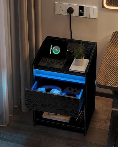Hzuaneri Bedside Table with LED Light, Bedside Cabinet with Charging Station, 1 Storage Drawer Nightstand for Bedroom, Living Room, 2 USB Port, 2 Outlets, Open Compartment, Black NS04804X1UK thumbnail 2