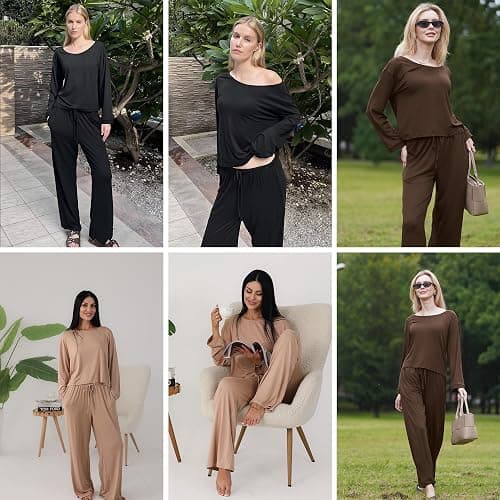 Ekouaer Womens Pajama Sets Off Shoulder Lounge Set 2 Piece Long Sleeve PJs | Soft Comfy Pj Sets, Round-Neck or Off-the-Shoulder Design, 2026 Stylish Casual Outfits for Home, Travel, Vacation & Airport thumbnail 7