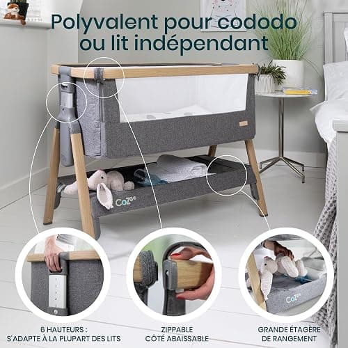 Tutti Bambini CoZee® Berceau Bébé & Lit Cododo 2-in-1 - Lit Bébé avec Matelas Respirant - 6 Hauteurs Réglables - Fenêtre D'Aération - Pliable - 0-6 Mois (Chêne & Charbon) thumbnail 4