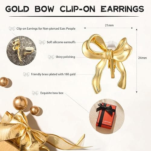 LOFITOR 14K Gold Plated Clip On Earrings for Women Non Piercing Bow Earrings Ribbon Dangle Drop Tassel Chain Statement Clip Earrings Lightweight Fake Bowknot Earring for Non Pierced Ears thumbnail 5