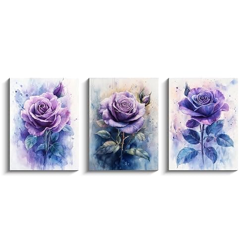 NAN Wind 3PCS Purple Rose Watercolor Canvas Wall Art Floral Botanical Violet Flower Bloom Romantic Modern Home Decor for Bedroom Living Room Bathroom or Office Artistic Garden Style Wall Decoration thumbnail 2