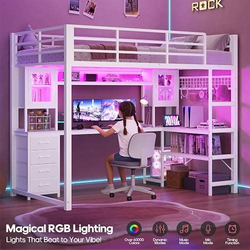 ADORNEVE Gaming Loft Bed Twin Size with Desk & RGB Hutch, White | 4 Storage Drawers, Safety Power Outlet, Metal Loft Bed with RGB Lights, Space Saving for Girls Small Room, Guardrail & Ladder thumbnail 8