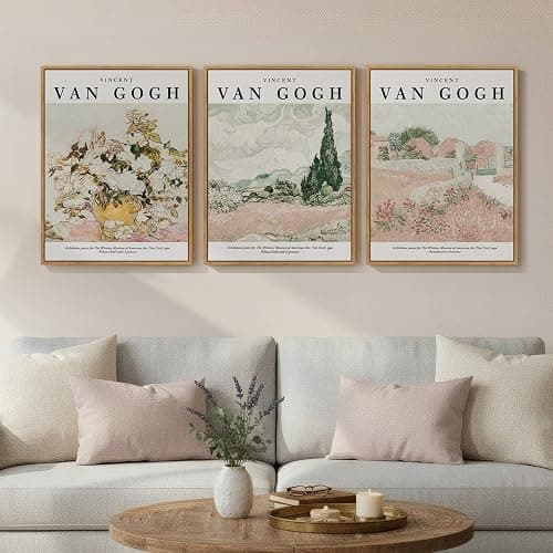 Framed Van Gogh Wall Art Set of 3, Neutral Beige and Soft Pink Canvas Prints, Vintage Landscape and Floral Paintings for Living Room Bedroom Dining Room Entryway Decor, 12x16 Inch - Image 1