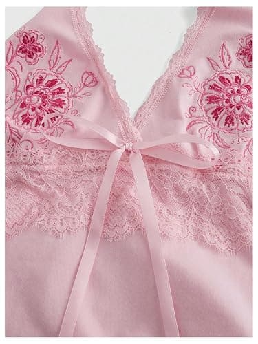 OYOANGLE Women's Floral Embroidery Bow Halter Tank Tops Lace Trim Ruched Fitted Sleeveless Top thumbnail 4