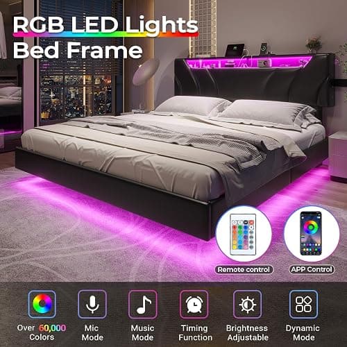 DICTAC Full Size Floating Bed Frame with led Lights & Storage Headboard Full Led Visual Floating Bed with Outlets Faux Leather Upholstered Platform Bed with Hidden Storage,No Box Spring Needed,Black thumbnail 4