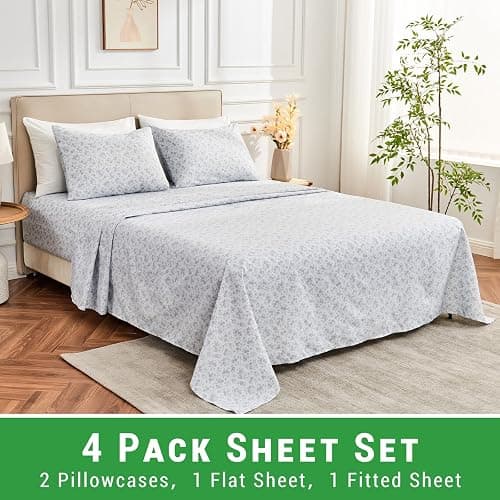 Gogreen 4PC Deep Pocket Queen Sheet Set Fit 16", Breathable Microfiber Soft Queen Size Sheet Set, Hotel Style Bed Sheet Set, Gift for Women, Men - Gray Flower thumbnail 3
