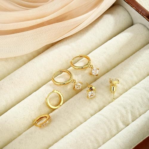 Gold Stud Hoop Earrings Stacks for Women - 3 Earring Sets for 3 Holes Multiple Piercing Dainty Gold Plated Small Earrings Set Jewelry Gifts for Women thumbnail 5