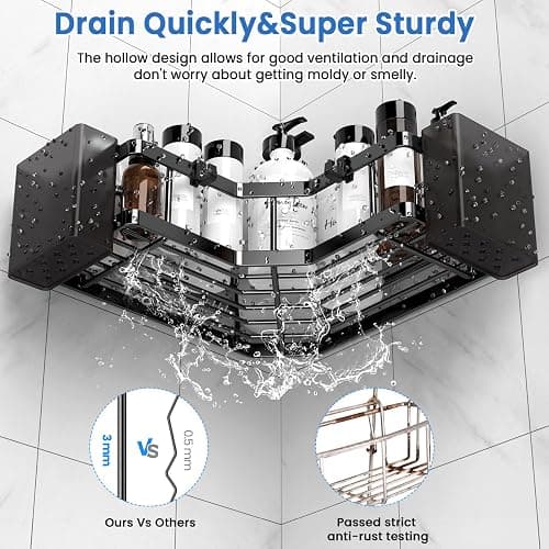 PKBD Corner Shower Caddy 3 Pack,Bathroom Storage No Drilling,shower storage with Soap Holder&Hooks&Toothpaste Holders,Bathroom or Kitchen,Rustproof Stainless Steel suction bathroom accessories,Black - Black - 3-Pack thumbnail 5