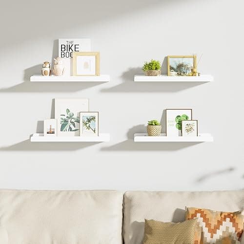 Love-KANKEI White Floating Shelves for Wall Set of 4, Wood Wall Shelves with Lip,15.6 Inch Rustic Hanging Shelves for Bedroom Bathroom Living Room Kitchen Nursery Display thumbnail 8