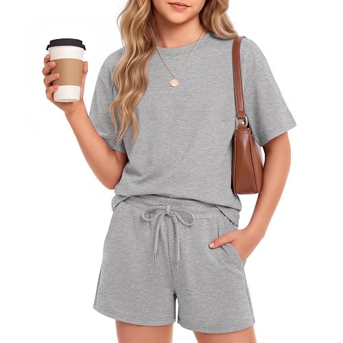 Mumucove Girls' 2 Piece Outfits 5-14 Years Loose Sets Kids Short Sleeve Drop Shoulder T-shirt Drawstring Shorts with Pockets - Image 1