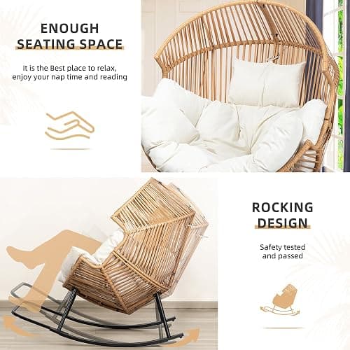 Vongrasig Wicker Egg Chair PE Rattan Rocking Chair with Cushion, Oversized Patio Lounge Rocker Chair for Outdoor, Indoor, Balcony, Backyard, Garden, Beige thumbnail 4