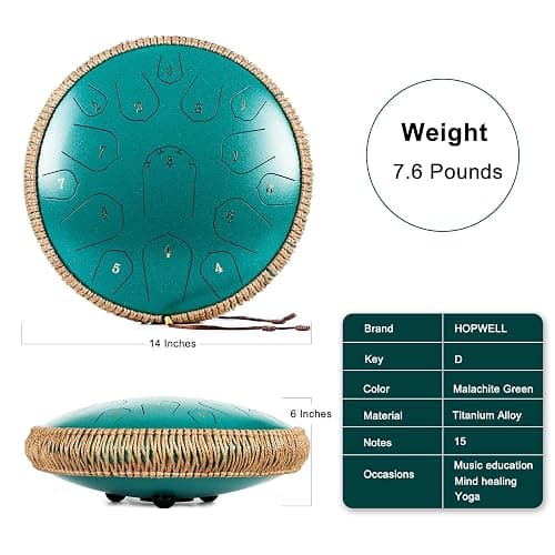 Steel Tongue Drum - HOPWELL 15 Note 14 Inch - Percussion Instrument - Hand Pan Drums with Music Book, Drum Mallets and Carry Bag, D Major, Malachite Green thumbnail 5